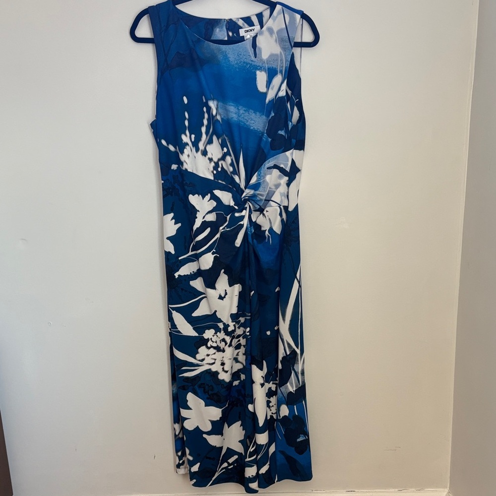 DKNY Blue and White Floral Twist-Front Maxi Dress